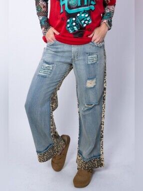 Safari Craze Distressed Wide-Leg Jeans with Leopard Side Panels
